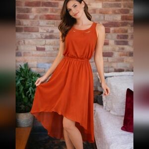Jessica Simpson Orange High Low  Belted Cut Out Halter Dress Size 6